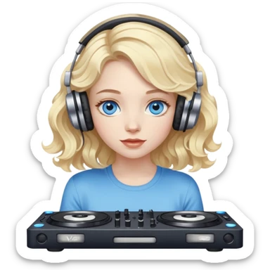 Girl vibing dj with pale skin blue eyes and blonde wavy midlength hair sticker