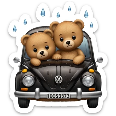 Two teddy bears sleeping in black Volkswagen in the rain sticker