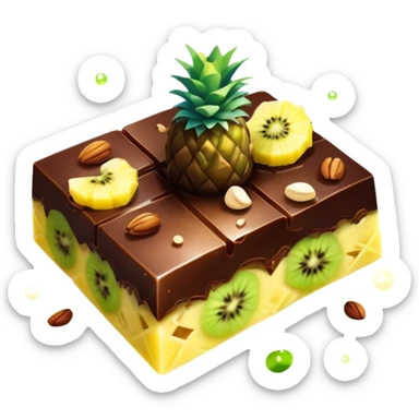 Ethereal evening snack with magical dark chocolate squares, enchanted mixed nuts, celestial kiwi slice and glowing pineapple chunks, all floating with sparkly aura sticker