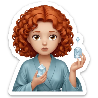 Cartoon emoji of a girl with voluminous curly red hair, fair skin, warm brown eyes. Wearing a chic milky silk robe with long sleeves, no makeup. Portrait mode, holding a ice cube, looking doubtful and unsure. Smooth, simple, stylized." sticker