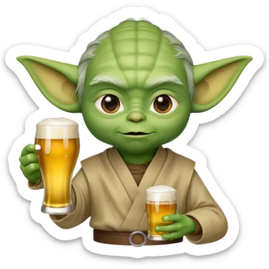 3D emoji-style Yoda head holding a beer glass in one hand. Smooth rounded shapes, soft gradients, friendly expression. Golden beer with foam in transparent glass. Close-up, centered. PNG, transparent background. sticker