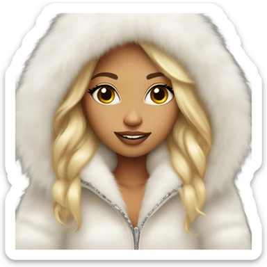 Tanned Girl with lashes , blonde hair, in an extremely big fluffy oversized white fur coat with hood on. The fur is real and it’s very obvious big and fluffy like in Pinterest  sticker