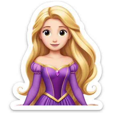 Cinematic Majestic Rapunzel Portrait Emoji, rendered in a clean, vector-style with bold, simplified shapes. Show Rapunzel with a serene, graceful expression, luminous fair skin, and elegantly styled long golden hair, accented by her classic purple gown. The design radiates a majestic, dreamlike glow with high shine and a soft glowing outline, embodying regal beauty. sticker
