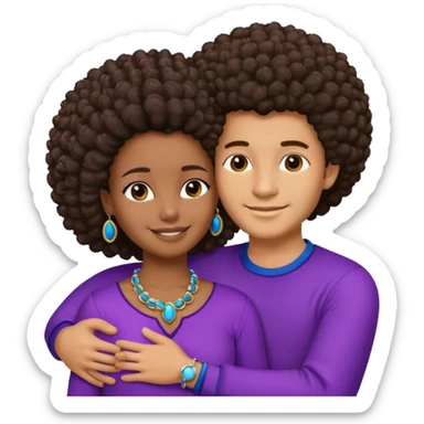 Tan male with short straight, light wavy hair, smiling and hugging a darkblack African  girl with Afro in purple clothes with blue jewelry sticker