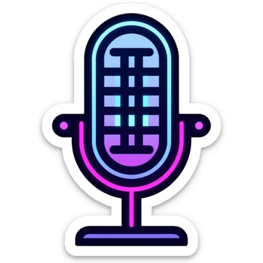 desktop studio microphone in profile view with neon glow effect, blue and purple neon glow on top left, pink neon glow on bottom right sticker