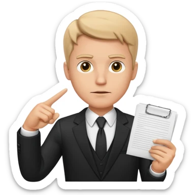 A white man in a black suit stands with a serious face and points at his hand holding papers. sticker
