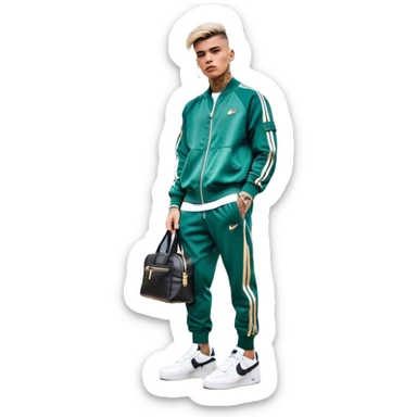 Capelli rasati ai lati con sfumatura, sopra corti e fissati con gel. Look curato e deciso. Indossa tuta firmata (Nike, Adidas, Lacoste, EA7) o jeans skinny, scarpe vistose come Air Force 1. Sempre presenti borsello a tracolla e collana d’oro E tatuaggi d’appertutto sticker