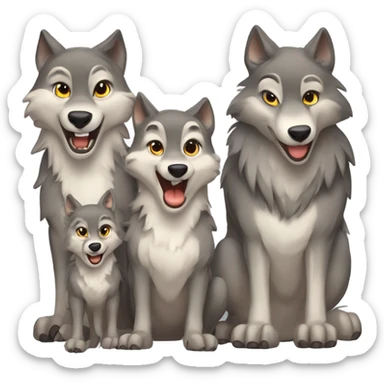 a anthropomorphic wolf with two wolf pups and a second adult wolf who is the mother. all smiling at the camera . sticker