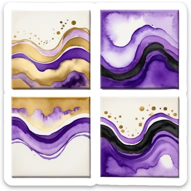 Black, white, gold, purple, abstract Watercolor paintings on three canvases next to each other  sticker