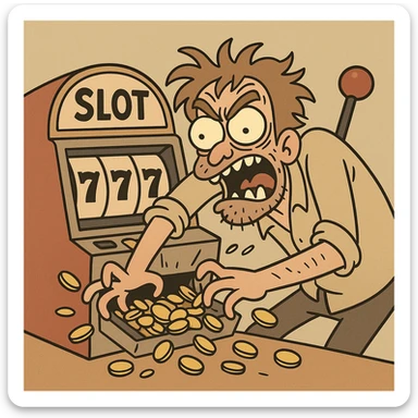 crazed man frantically scraping a casino slot machine, losing all his money, wild expression, coins spilling out, cartoon style sticker