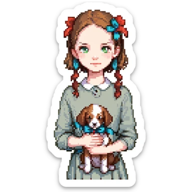 A pale girl with brown shoulder-length hair tied with a ribbon hairclip, holding a dog sticker