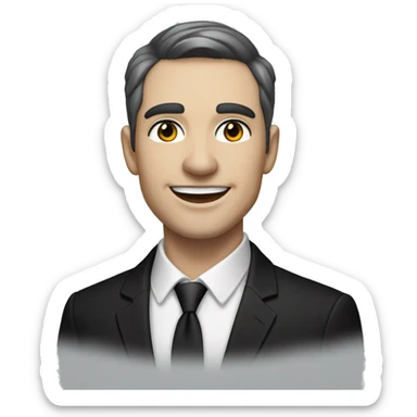 Portrait of an adult smiling man, pale light skin, short bold black-gray ombre hair, black eyes, wearing a black office suit and a white collared shirt underneath. sticker