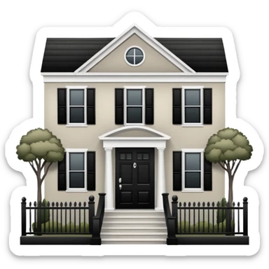 greige colonial house with black shutters and black front door and black railings. sticker