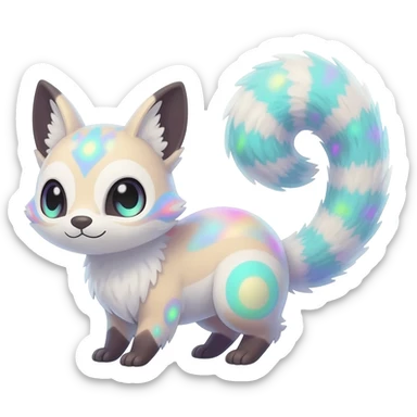  cute adorable whitish pastel fur with glowing bioluminescent random colorful markings iridescent beautiful elegant pretty precious cute young youthful  Fakémon-Pokémon-alien-opossum-feline-serval-caracal-chinchilla-Minccino-hybrid-creature with a big fluffy bushy striped tail (full body) sticker