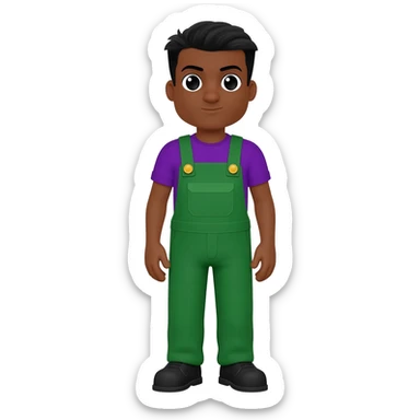 Cartoon black male around face green overall two gold buttons and purple shirt and black shoes black hair full body sticker