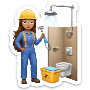 beautiful girl with long brown hair constructing new bathroom area with new shower and amenities  sticker