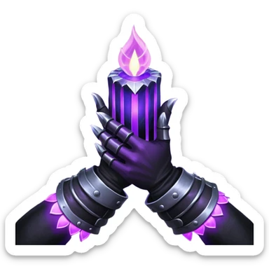 A Discord emoji of a pair of black armored gauntlets holding a flickering violet flame. The hands are positioned as if offering a gift. Dark gothic fantasy, glowing magical effects, high contrast, 2D vector style, white background. sticker