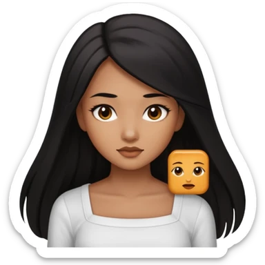 A deep skin girl (deep skin is caramel color not dark) with long black hair swept TO THE FRONT and a square neckline shirt and brown eyes sticker