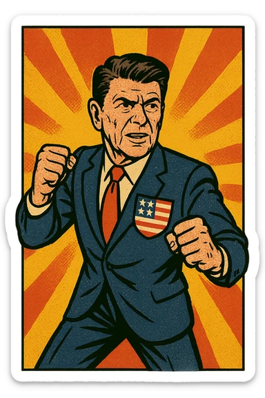 The full body of US President Reagan looking determined with his fists out ready to fight. He has a large US flag badge on his chest sticker