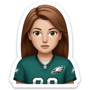White girl with long milk chocolate brown hair parted down the middle and freckles wearring a Philadelphia eagles jersey sticker