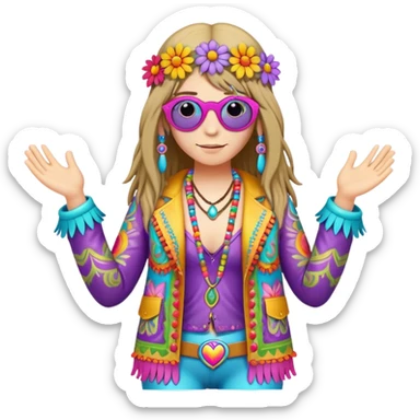 3D, psychedelic colored hippie wearing hip huggers and a fringed jacket with flower border sticker