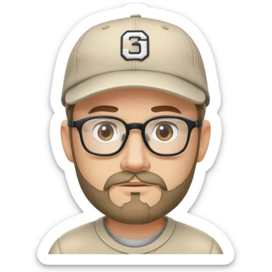 adventurer with goatee beard (no beard on cheeks), short hair, glasses and backwards baseball cap sticker