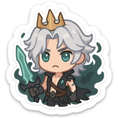 Viego from League of Legends as a chibi emoji, cute and expressive, simplified details, big eyes, small body, silver hair, crown, dark misty aura sticker