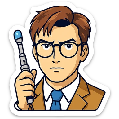 Add a sonic screwdriver to the Tenth Doctor in the style of a cartoonish sticker, keeping the original sticker style look and feel, with no background. sticker