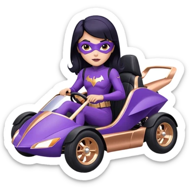 Hot full size real-appearance racing action BatGirl’s Lego feminine midnight-purple tight outfit sixty’s tv show 1992 stealthy retro sporty petite off-road pursuit hovering hover cruiser car rose gold accents (black hair,reclined and relaxed seating position) go kart  sticker