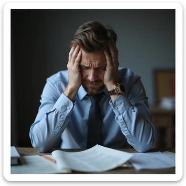 hyperrealistic 4K image of a man with a headache, hand on forehead, eyes closed in pain, sitting at a desk with scattered documents, atmosphere of worry sticker