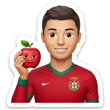 Cristiano Ronaldo as an apple-style emoji, smiling, short hair, Portugal jersey sticker