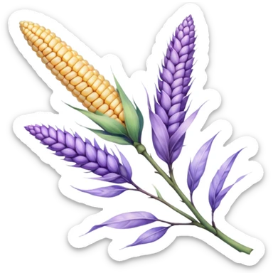 The art style is clean line art with delicate watercolor textures, pastel colors, and a dominant palette of lavender, soft lilac, and muted purple. Let the branch be more elongated and have short branches on it like ears of corn. sticker