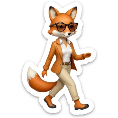 serious anthropomorphised female fox in stylish casual outfit with sunglasses, walking with confidence, full-body sticker
