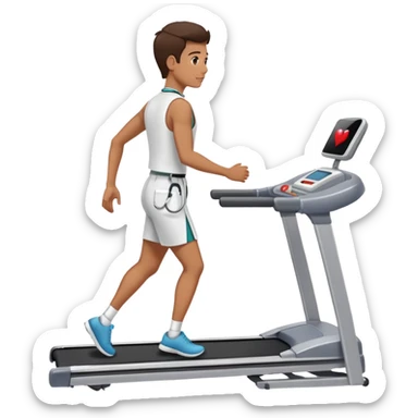 patient walking on a treadmill, doctor observing from the side, heart monitor visible sticker