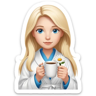 girl
blue eyes
long blond hair
wearing housecoat
holding a white mug of coffee that has a daisy on the mug
wearing rose gold apple watch  sticker
