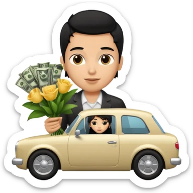 a pretty bratz boy with black hair, holding a bouquet made of money, car behind him sticker