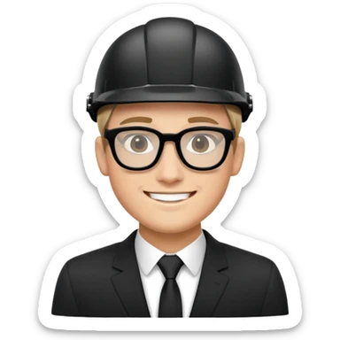 Un joven masculino con traje de color negro, camisa negra, usa lente, su cara es redonda alargada, tiene una bonita sonrisa, tiene un casco color negro.  sticker