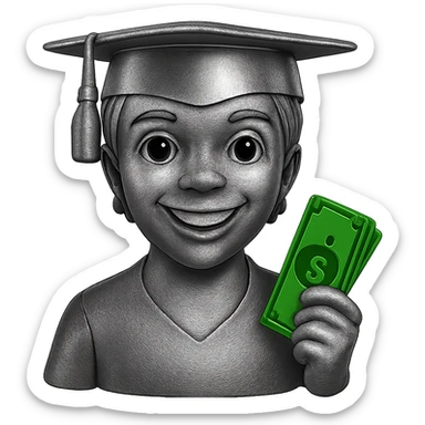 Remove the grills from the kid's mouth, make the kid smile naturally. Keep the money green and shiny. Keep the rest of the figure chrome and metallic. No background. sticker