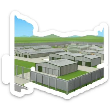 a military industrial building from an overhead view in a foreign country in the style of dark realism sticker