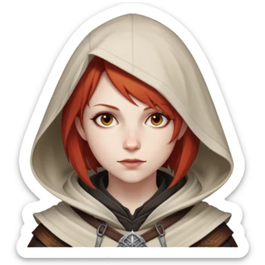 Leliana from Dragon Age with short red hair and hood sticker