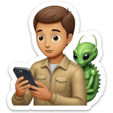 Guy reading about aliens on his phone sticker