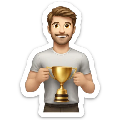 the white European man brown hair Celebrating, Raising a gold trophy in your hands, full body sticker