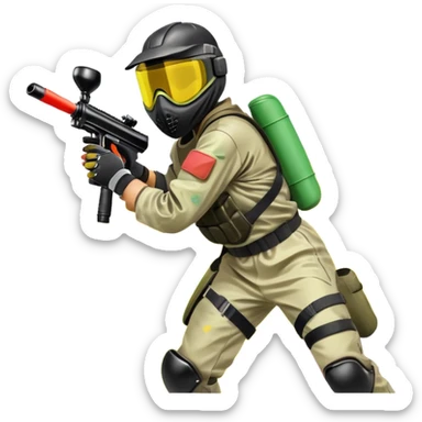 A dynamic scene of a player in action, holding a paintball gun and wearing protective gear. The background shows a vibrant paintball field with obstacles, colorful splatters of paint in the air, and an intense, competitive atmosphere. sticker