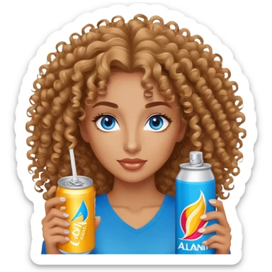 Curly haired, Blue eyed woman holding an alani energy drink can sticker