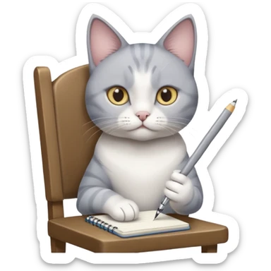 grau weiße Katze sitzt auf einem Sessel mit Stift und Block in der Hand sticker
