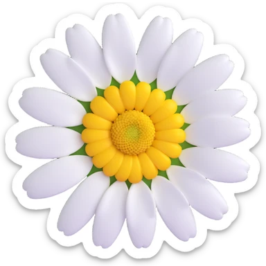 3D iOS emoji style, close-up daisy, glossy effect, white petals, yellow center sticker