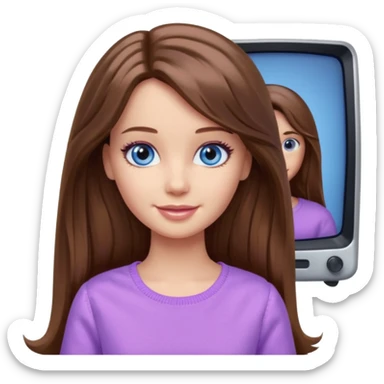 beautiful barbie girl with long brown hair, blue eyes and wearing light purple clothes watching stranger things on tv sticker