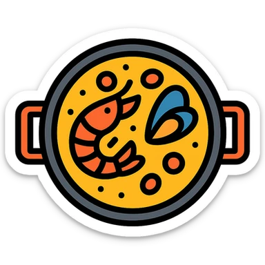 a Spanish paella pan with seafood and saffron rice, color outline icon style sticker