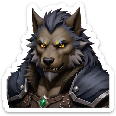 Cinematic Realistic WoW Worgen Portrait, depicted as a fearsome blend of man and beast, with rugged, dark fur intermingling with tanned, weathered skin. His piercing amber eyes and fierce expression are framed by disheveled hair and subtly detailed, worn leather attire in dark, consistent hues. Rendered with lifelike texture and dramatic, natural lighting, high shine, noble and formidable, capturing the primal nobility of a legendary worgen warrior. sticker