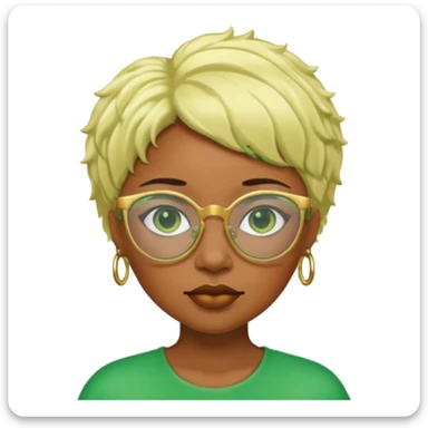 Caramel skin black woman 52 with green glasses that have gold edges and very blonde hair that’s very short but still puffy and small sticker